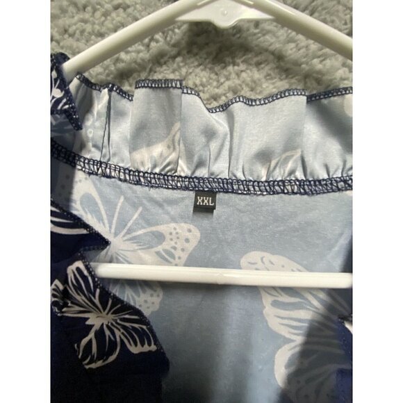 Women’s Blue White Butterfly Print Long Sleeve Ruffled Blouse Top Size XXL - Picture 6 of 7